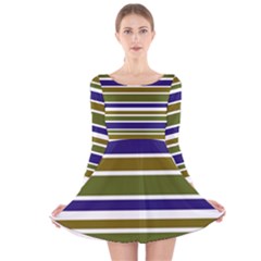 Olive Green Blue Stripes Pattern Long Sleeve Velvet Skater Dress