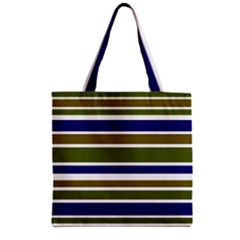 Olive Green Blue Stripes Pattern Zipper Grocery Tote Bag by BrightVibesDesign