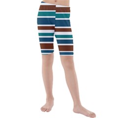 Teal Brown Stripes Kid s Mid Length Swim Shorts