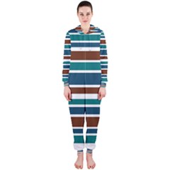 Teal Brown Stripes Hooded Jumpsuit (ladies)  by BrightVibesDesign