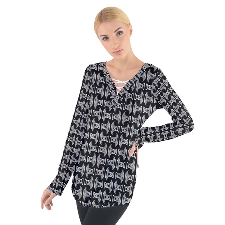 Black White Tiki Pattern Women s Tie Up Tee