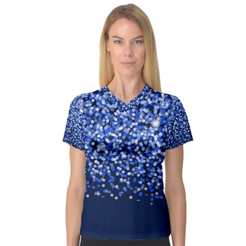 Blue Glitter Rain Women s V-neck Sport Mesh Tee by KirstenStar