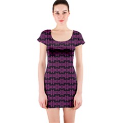 Pink Black Retro Tiki Pattern Short Sleeve Bodycon Dress