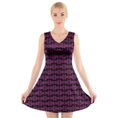 Pink Black Retro Tiki Pattern V-neck Sleeveless Skater Dress by BrightVibesDesign