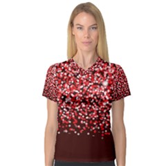 Red Glitter Rain Women s V-neck Sport Mesh Tee