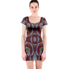 Fancy Maroon Blue Design Short Sleeve Bodycon Dress