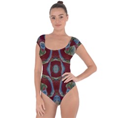 Fancy Maroon Blue Design Short Sleeve Leotard (ladies)