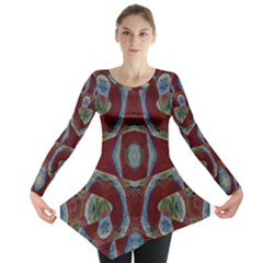 Fancy Maroon Blue Design Long Sleeve Tunic 