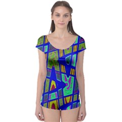 Bright Blue Mod Pop Art  Boyleg Leotard (ladies) by BrightVibesDesign