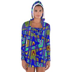 Bright Blue Mod Pop Art  Women s Long Sleeve Hooded T-shirt