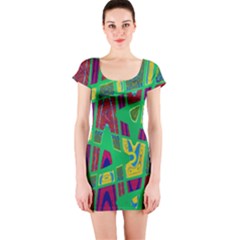 Bright Green Mod Pop Art Short Sleeve Bodycon Dress