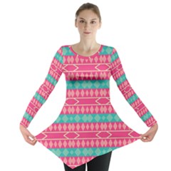 Pink Blue Rhombus Pattern                               Long Sleeve Tunic