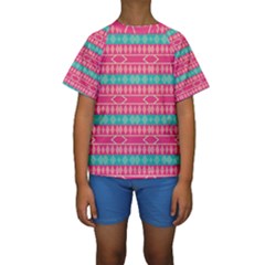 Pink Blue Rhombus Pattern                                Kid s Short Sleeve Swimwear