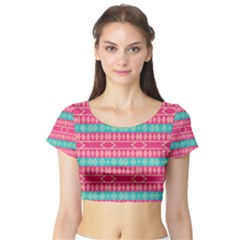 Pink Blue Rhombus Pattern                               Short Sleeve Crop Top