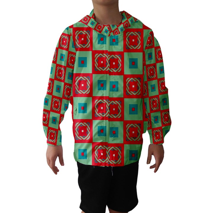 Blue red squares pattern                                Hooded Wind Breaker (Kids)