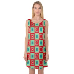 Blue Red Squares Pattern                                Sleeveless Satin Nightdress