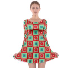 Blue Red Squares Pattern                                Long Sleeve Skater Dress