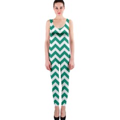 Emerald Green & White Zigzag Pattern Onepiece Catsuit by Zandiepants