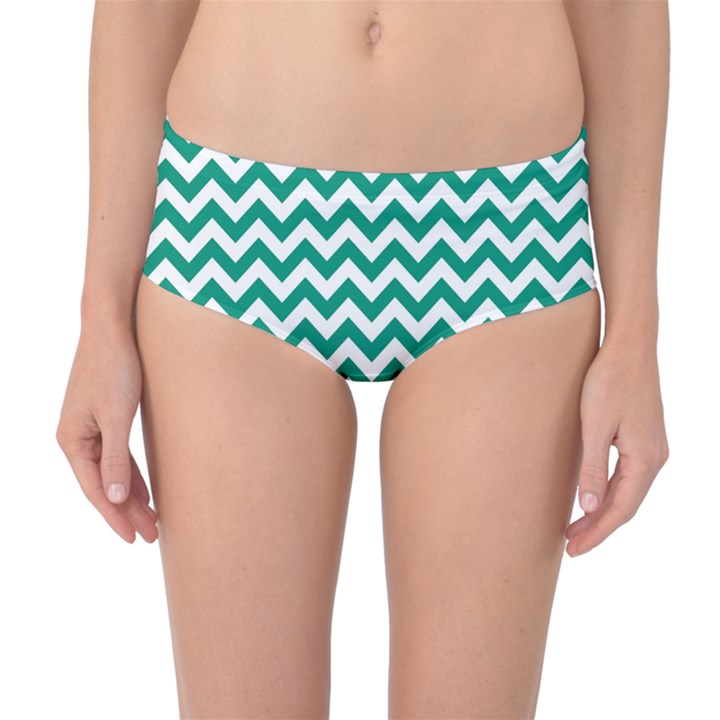 Emerald Green & White Zigzag Pattern Mid-Waist Bikini Bottoms