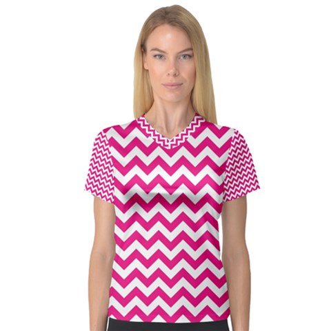 Hot Pink & White Zigzag Pattern Women s V-neck Sport Mesh Tee by Zandiepants