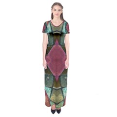 Pink Turquoise Stone Abstract Short Sleeve Maxi Dress