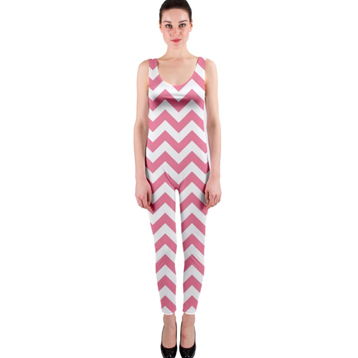 Soft Pink & White Zigzag Pattern OnePiece Catsuit