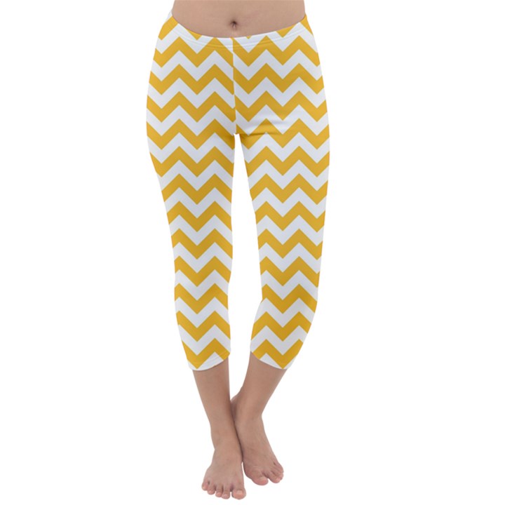 Sunny Yellow & White Zigzag Pattern Capri Winter Leggings 