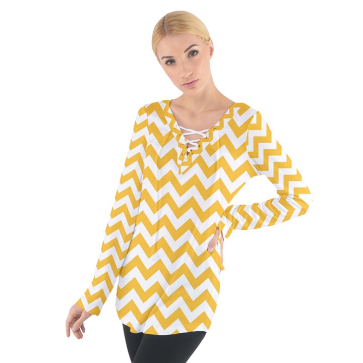 Sunny Yellow & White Zigzag Pattern Women s Tie Up Tee