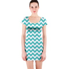 Turquoise & White Zigzag Pattern Short Sleeve Bodycon Dress