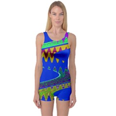 Colorful Wave Blue Abstract One Piece Boyleg Swimsuit