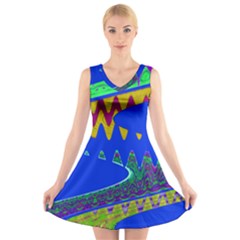 Colorful Wave Blue Abstract V-neck Sleeveless Skater Dress