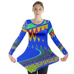 Colorful Wave Blue Abstract Long Sleeve Tunic 