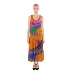 Colorful Wave Orange Abstract Sleeveless Maxi Dress