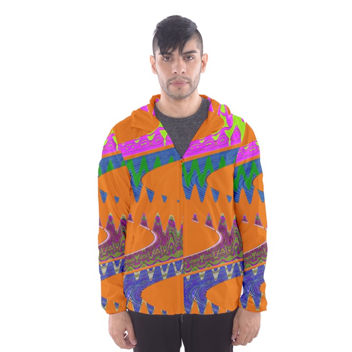 Colorful Wave Orange Abstract Hooded Wind Breaker (Men)