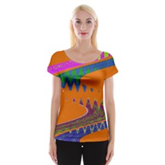 Colorful Wave Orange Abstract Women s Cap Sleeve Top