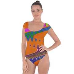 Colorful Wave Orange Abstract Short Sleeve Leotard (ladies)