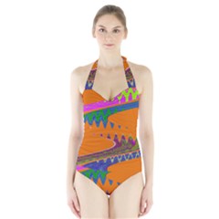 Colorful Wave Orange Abstract Women s Halter One Piece Swimsuit