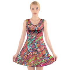 Expressive Abstract Grunge V-neck Sleeveless Skater Dress