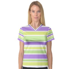 Yellow Purple Green Stripes Women s V-neck Sport Mesh Tee