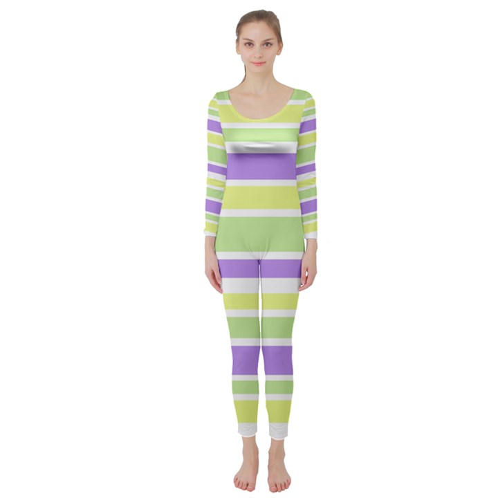 Yellow Purple Green Stripes Long Sleeve Catsuit