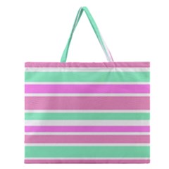 Pink Green Stripes Zipper Large Tote Bag