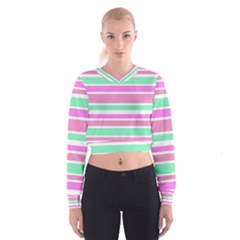 Pink Green Stripes Women s Cropped Sweatshirt by BrightVibesDesign