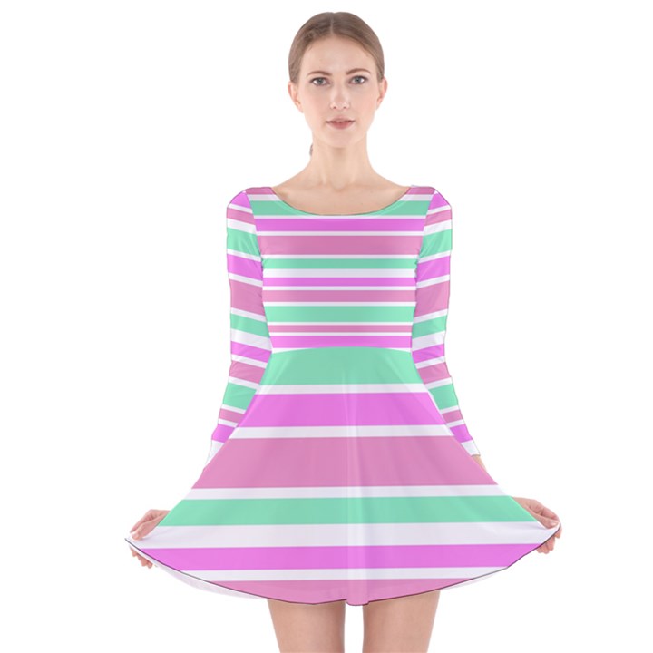 Pink Green Stripes Long Sleeve Velvet Skater Dress