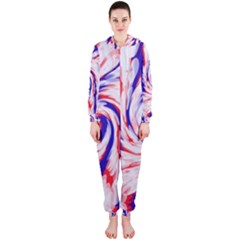 Groovy Red White Blue Swirl Hooded Jumpsuit (ladies)  by BrightVibesDesign