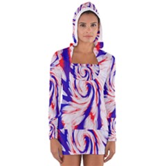 Groovy Red White Blue Swirl Women s Long Sleeve Hooded T-shirt by BrightVibesDesign