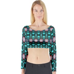 Fancy Teal Red Pattern Long Sleeve Crop Top