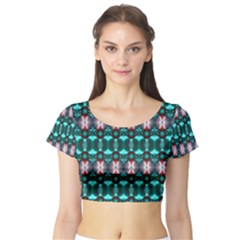 Fancy Teal Red Pattern Short Sleeve Crop Top (tight Fit)