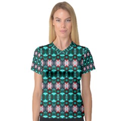 Fancy Teal Red Pattern Women s V-neck Sport Mesh Tee