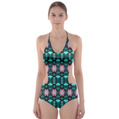 Fancy Teal Red Pattern Cut-out One Piece Swimsuit