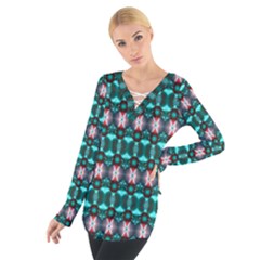 Fancy Teal Red Pattern Women s Tie Up Tee